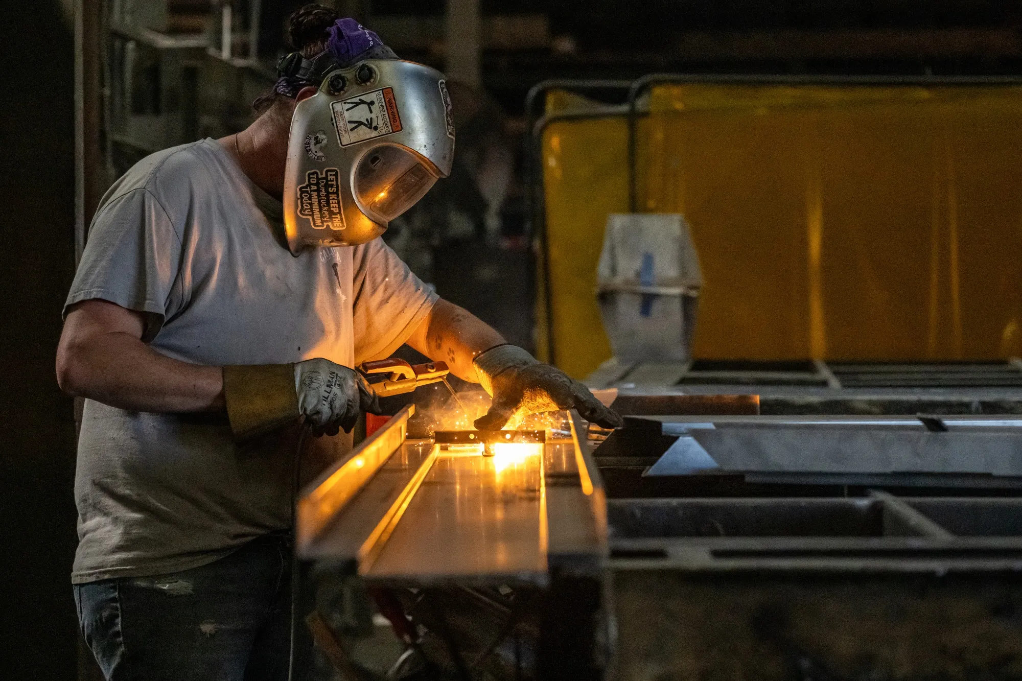 A worker arc welds a metal door during production,&nbsp;in Sacramento, California.