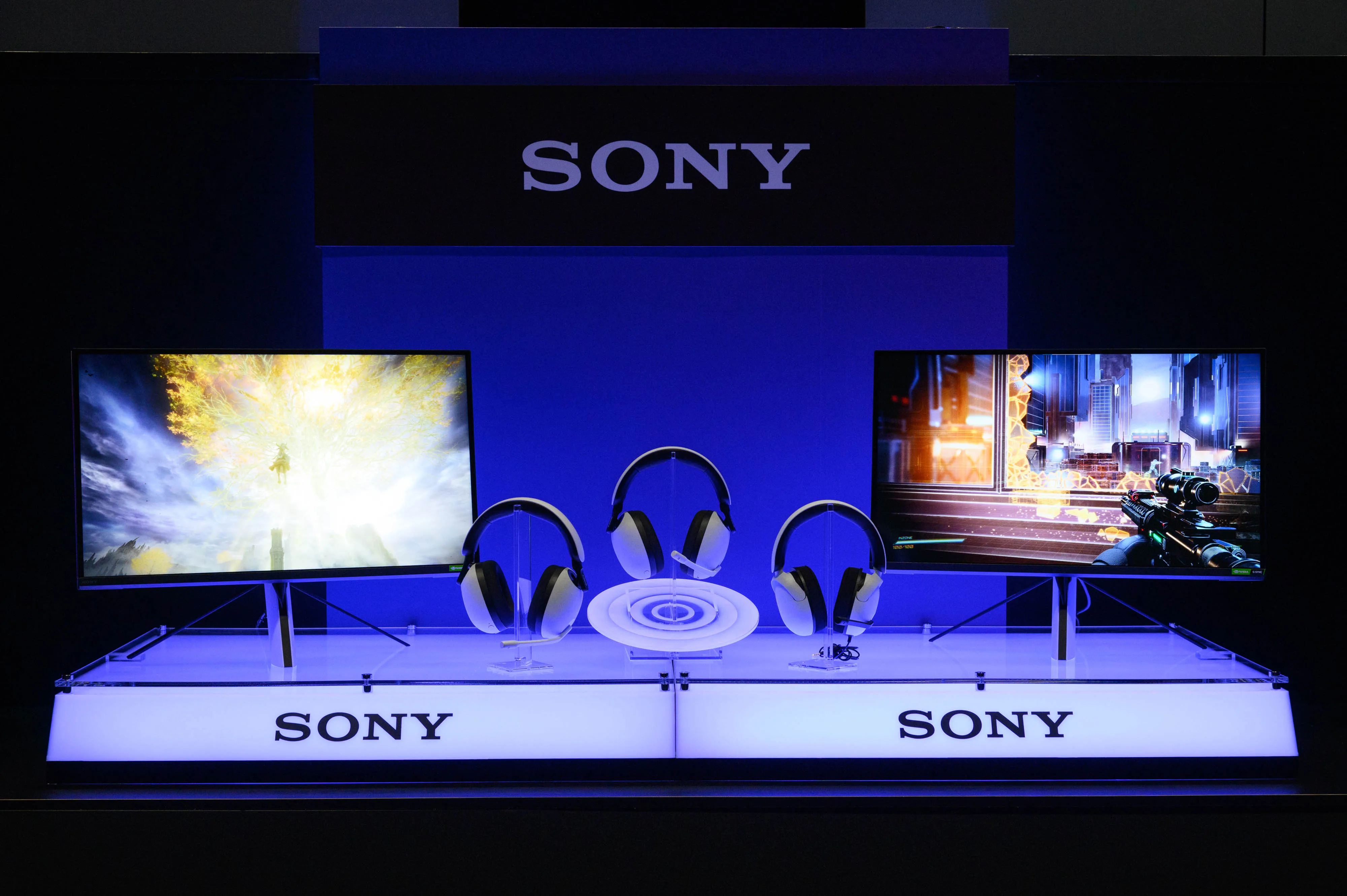 Inzone headsets and gaming monitors at a news conference in Tokyo.