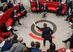 Traders, brokers and clerks on the trading floor of the open outcry pit at the London Metal Exchange.