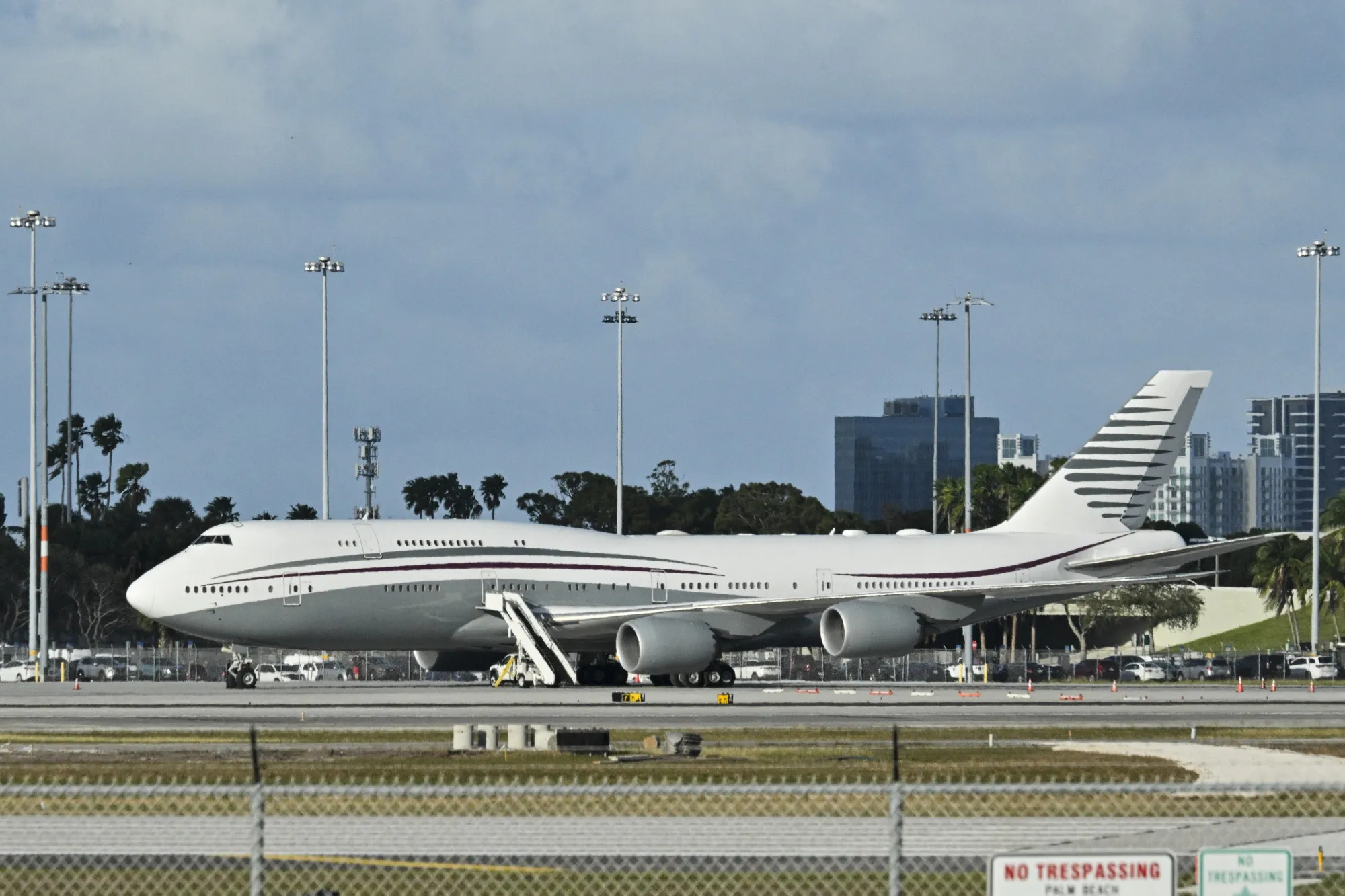 The Qatari Boeing 747 at Palm Beach International airport after Trump toured the aircraft on Feb. 15.