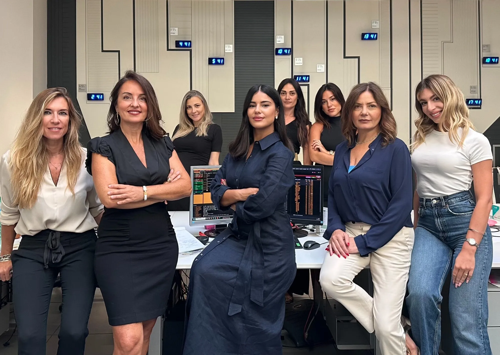 Banca Promos trading team members Monia Iapalucci,&nbsp;left to right, Nuna Carrano, Rosa Nasti, Martina Simeone, Dionisia Galante, Rita Pinzola, Flora Carducci and Michela Di Maro,&nbsp;in Naples.
