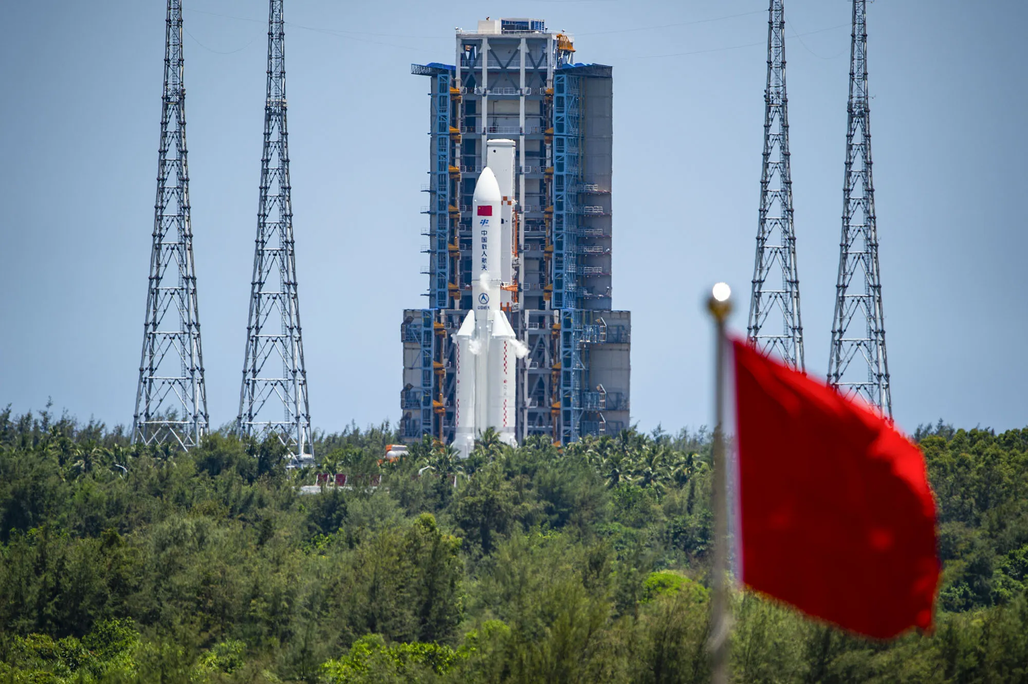 A Long March-5B rocket carrying the Wentian lab module ahead of launch at the Wenchang Spacecraft Launch Site in Wenchang, China, on July 24.