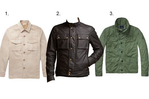 (1) Slim-fit cotton field jacket, Tomas Maier, $980, mrproter.com; (2) Quilted jacket, Belstaff, $695, belstaff.com; (3) Safari field jacket, Scotch & Soda, $235, scotch-soda.com