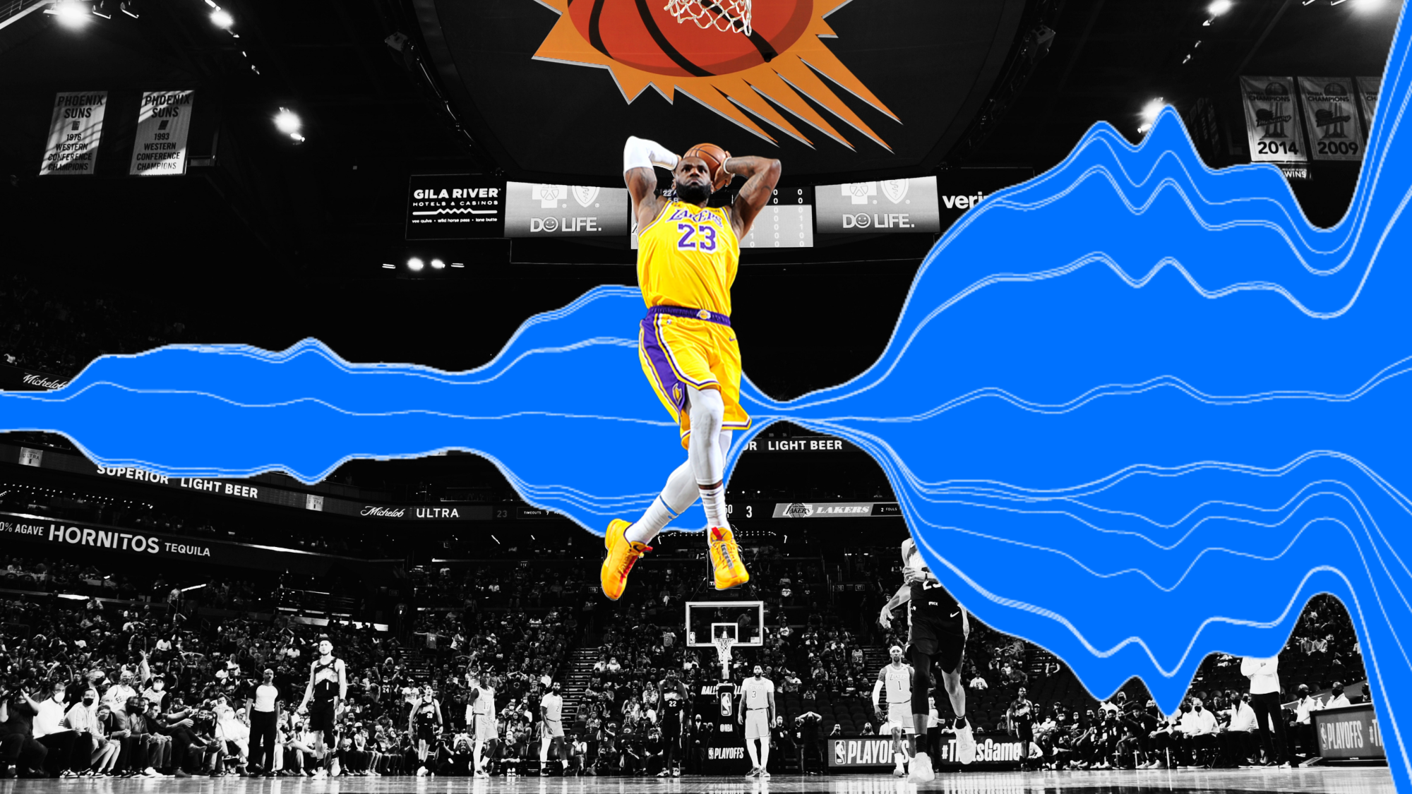 Lebron James dunks a basketball with streamgraph of bets placed on sports over time