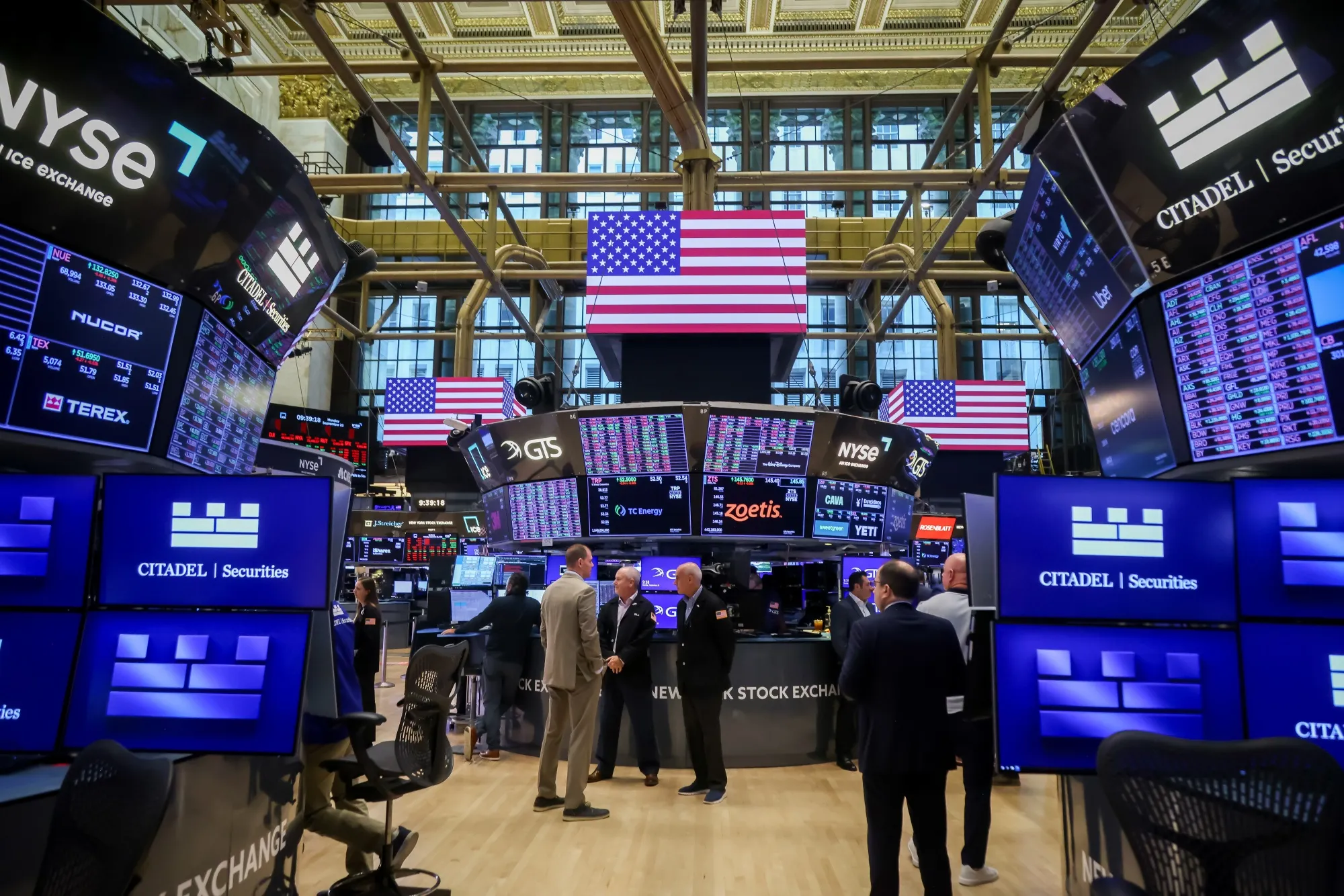 Traders work on the floor of the New York Stock Exchange (NYSE) in New York.