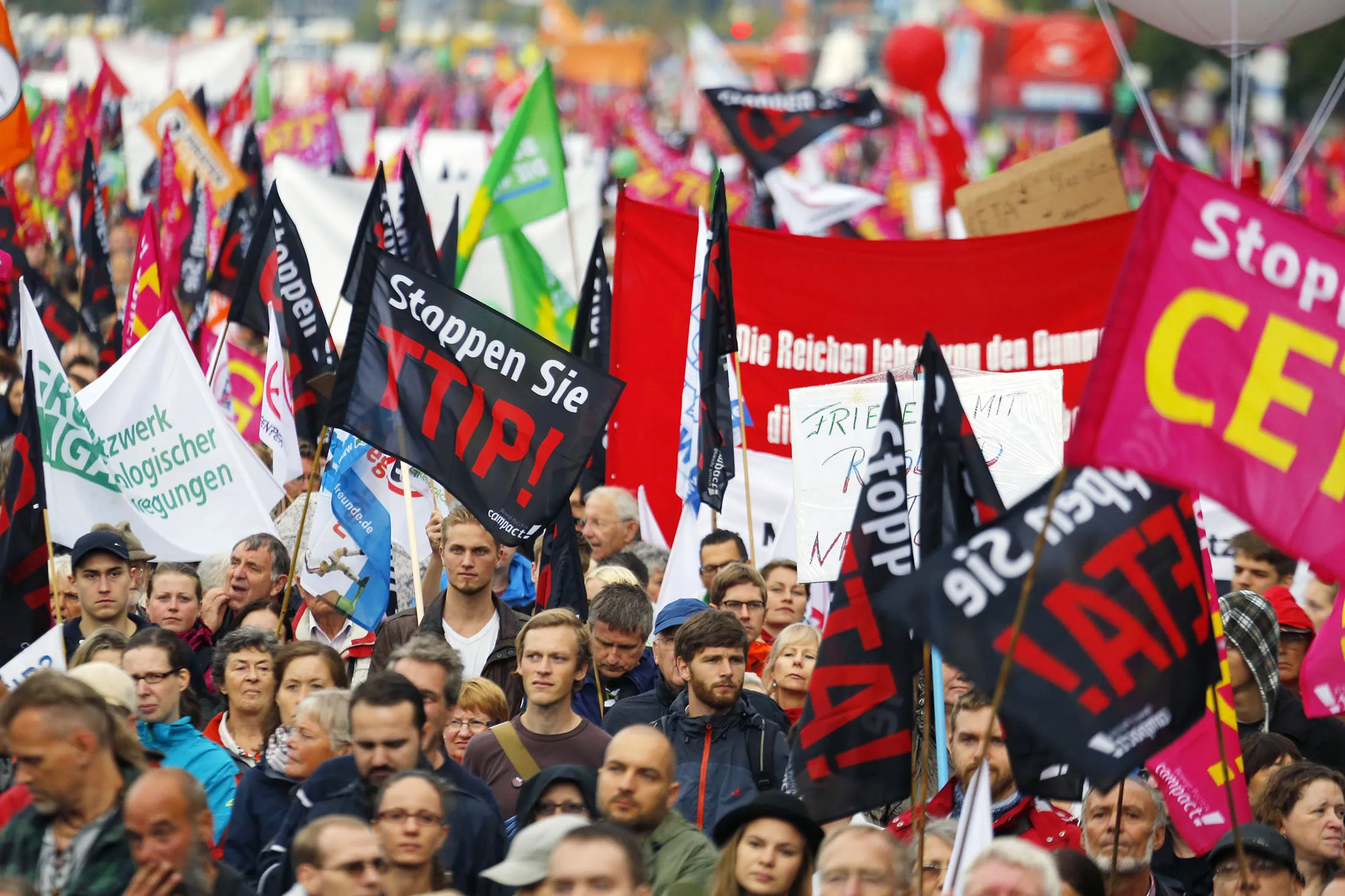 Activists demonstrate against the transatlantic trade deals CETA and TTIP in Berlin on Sept. 17.
