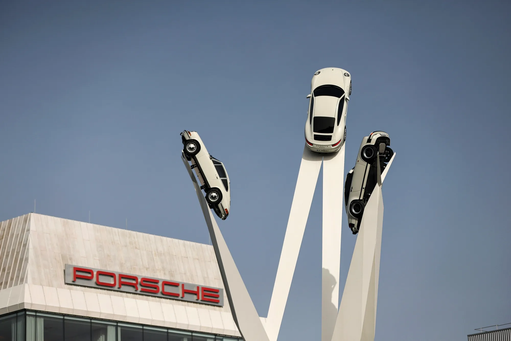 A sculpture featuring Porsche 911s at the Porsche AG factory and headquarters&nbsp;in Stuttgart, Germany.