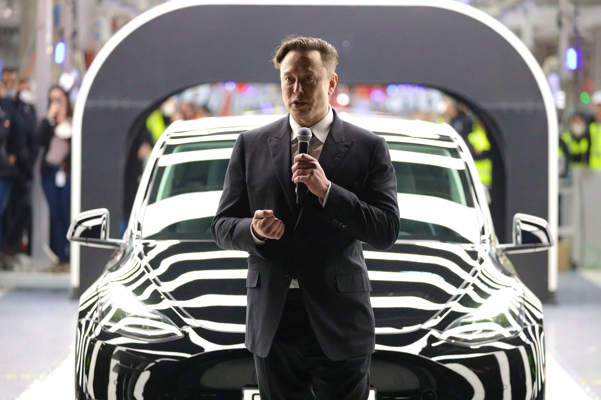 Elon Musk during the official opening of the Tesla factory near Gruenheide, Germany in March.