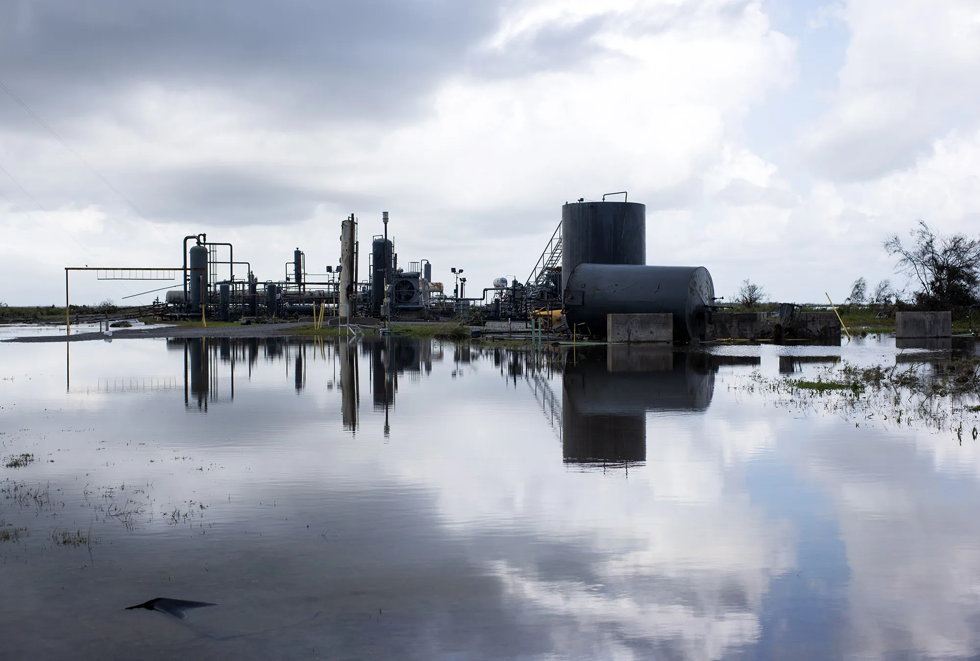 A refinery surrounded by water after Hurricane Ida near Cocodrie, Louisiana.
