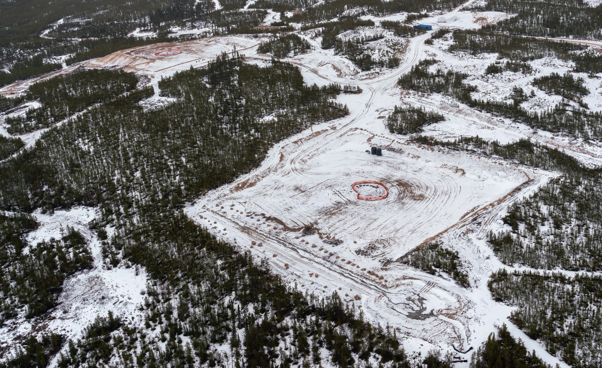 A proposed exhaust shaft location, top left, and a production shaft location, bottom right, at NexGen Energy Ltd.'s Rook 1 project near Patterson Lake, Saskatchewan, Canada.