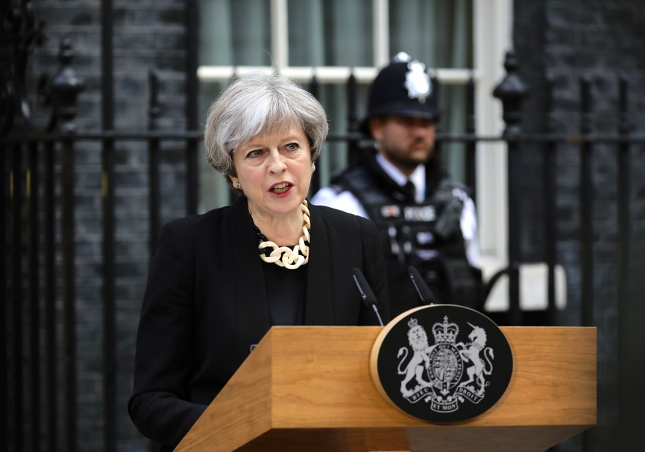 British Prime Minister Theresa May speaks outside 10 Downing Street after an attack on London Bridge.