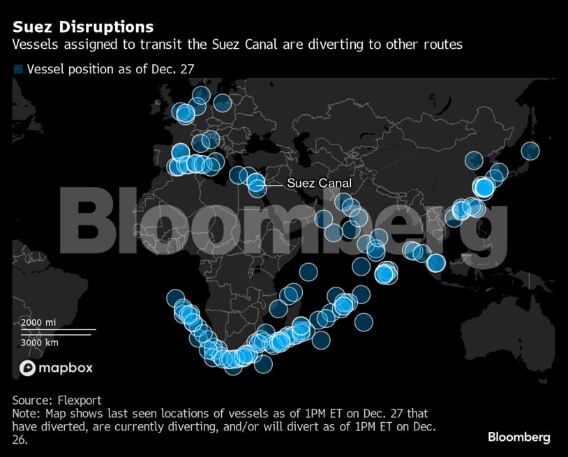 Suez Disruptions | Vessels assigned to transit the Suez Canal are diverting to other routes