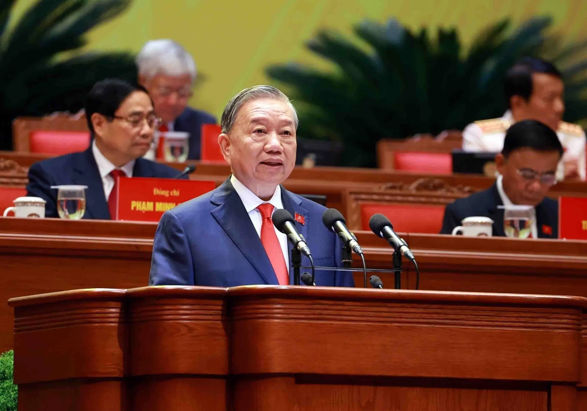 To Lam speaks at the National Congress in Hanoi on Jan. 20.