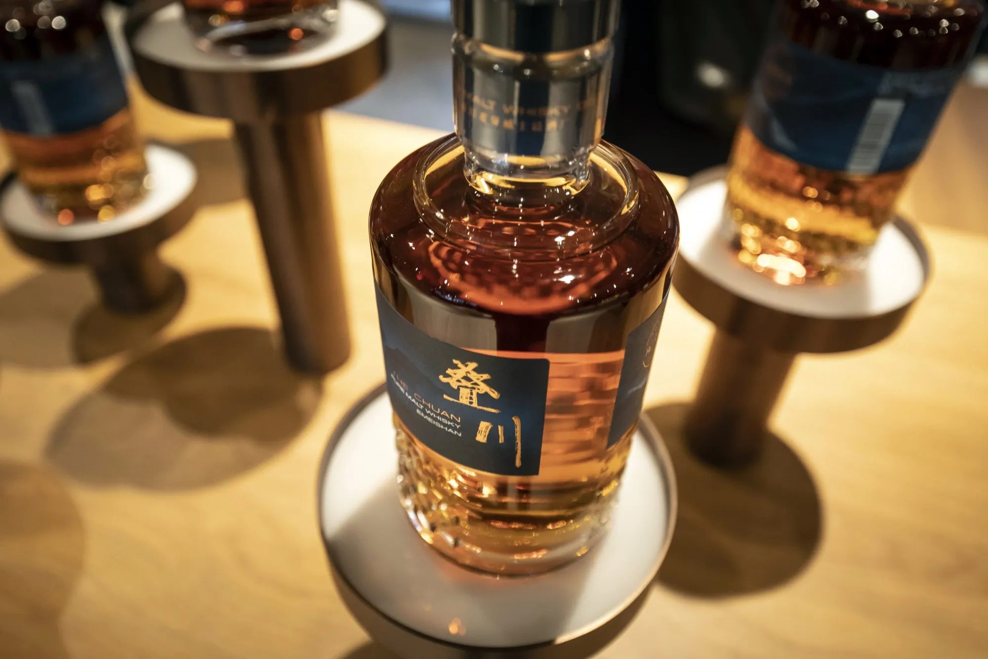 Bottles of whisky at Pernod Ricard's Chuan Malt Whisky Distillery in Emeishan, Sichuan Province, China.
