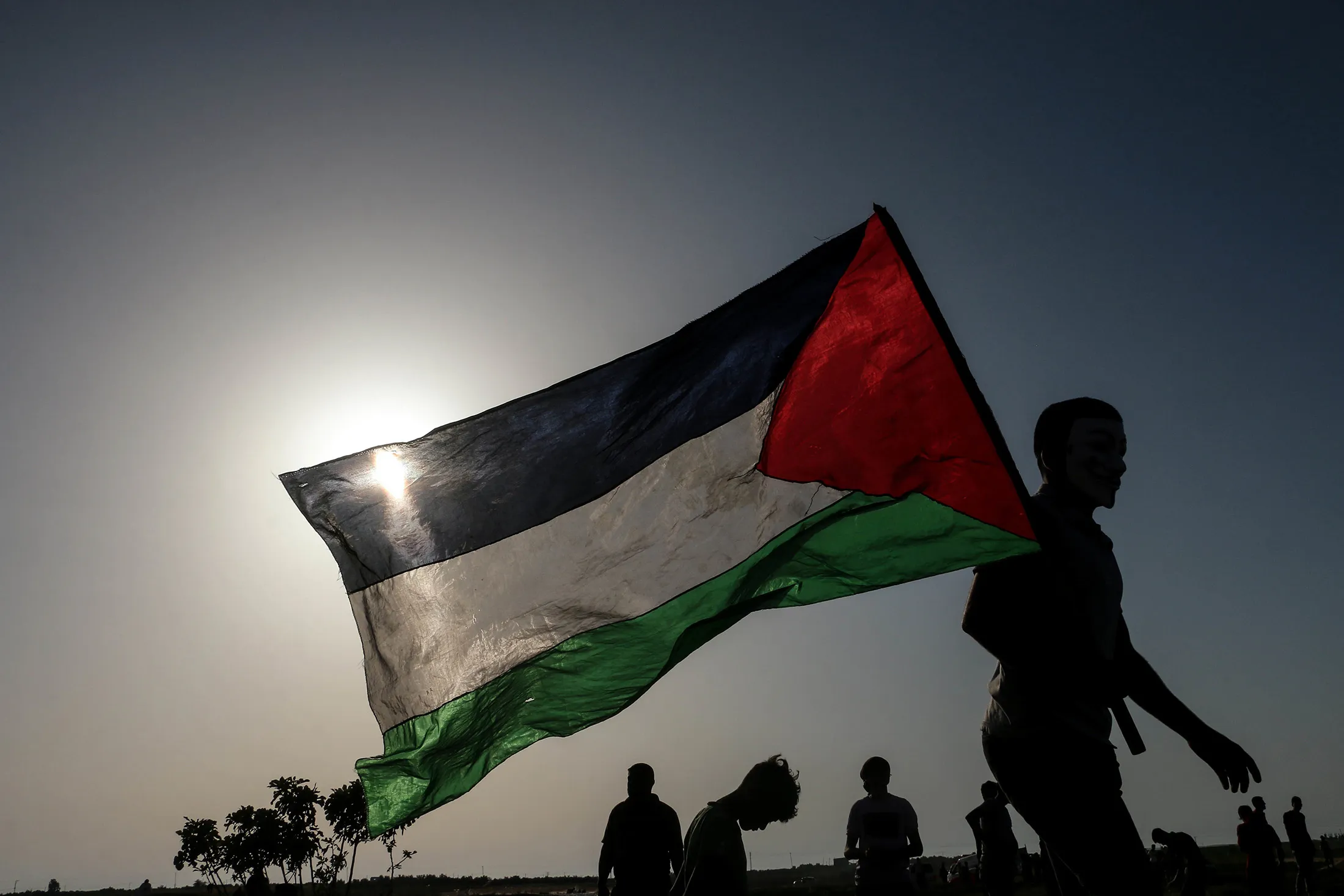 Palestinian youth raise the flag of Palestine east of Gaza