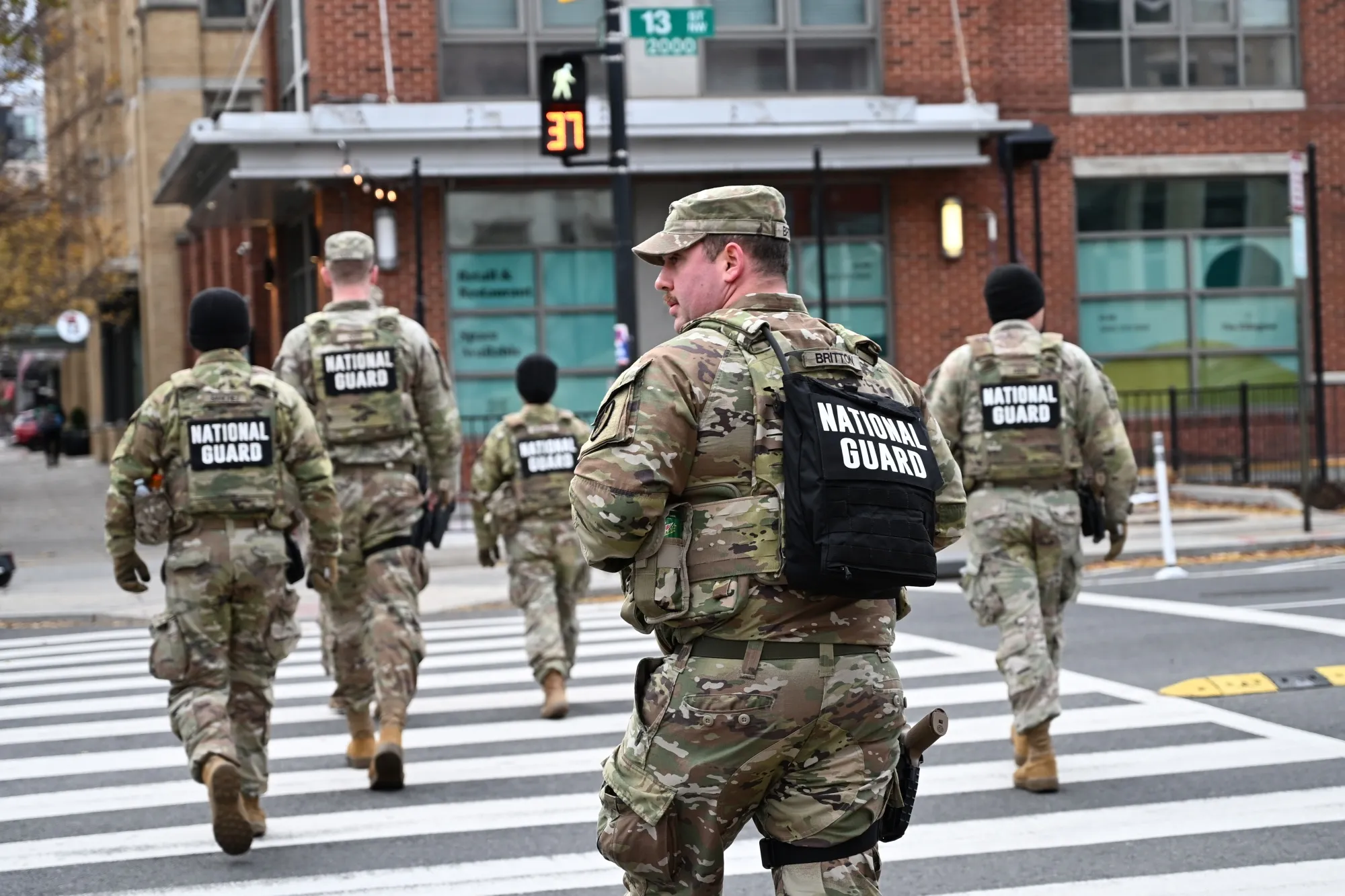 Members of the National Guard&nbsp;patrol in Washington on Nov. 27.