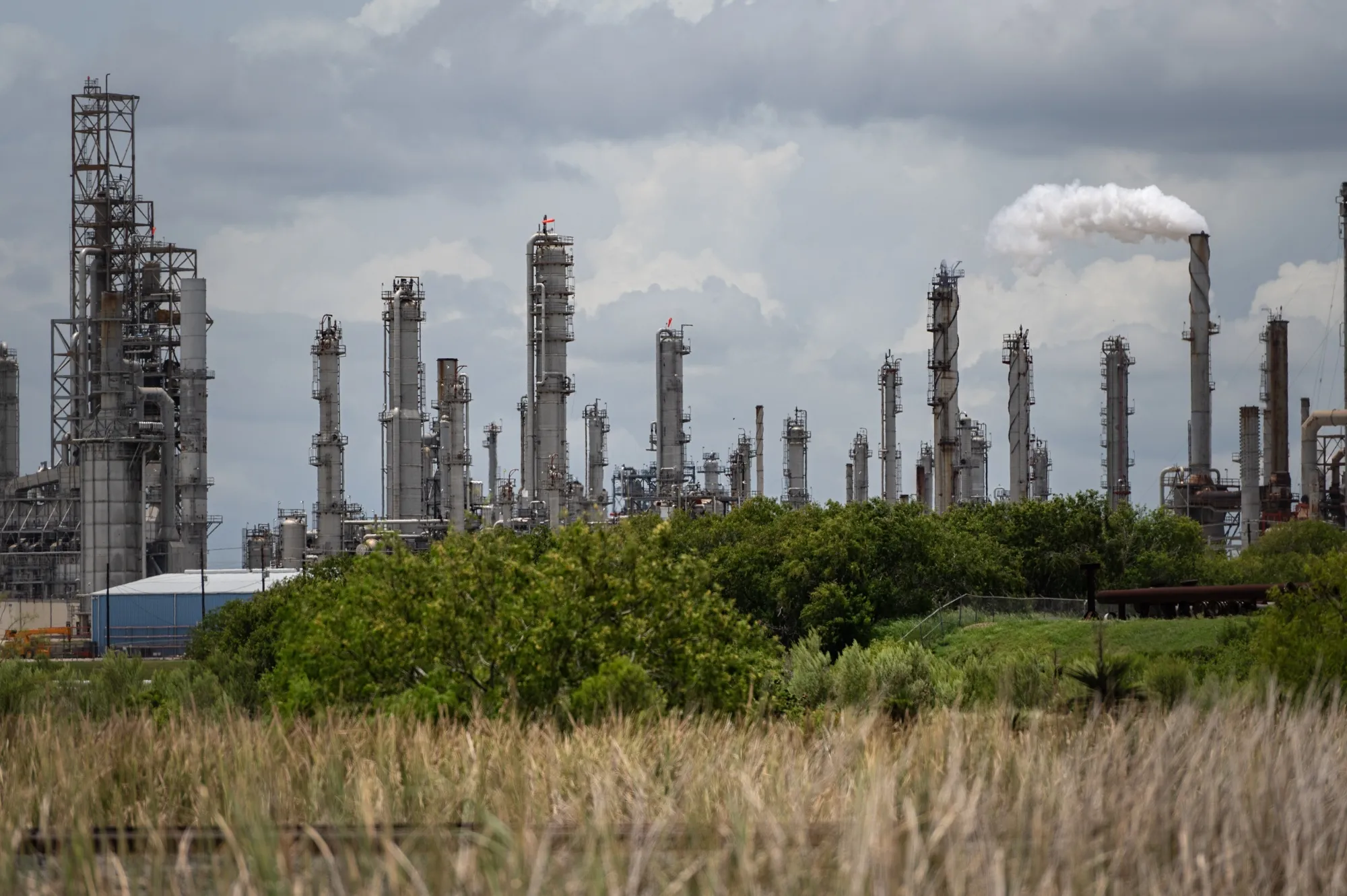A refinery ahead of Hurricane Beryl's landfall in Corpus Christi, Texas in July.