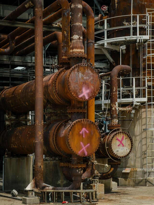 Pink Xs mark equipment around the Philadelphia oil refinery, designating anything that holds valuable metals like brass or stainless steel inside.