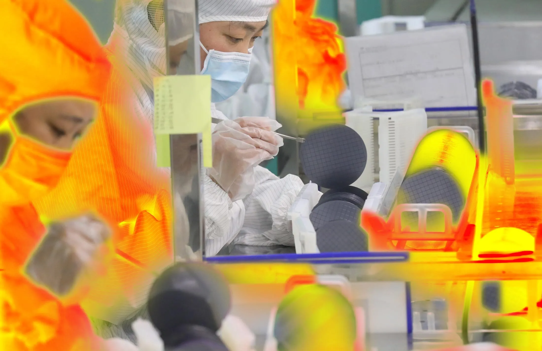 Employees on a&nbsp;silicon wafer production line at a workshop of Jiejie Semiconductor Co. in&nbsp;Nantong, China.