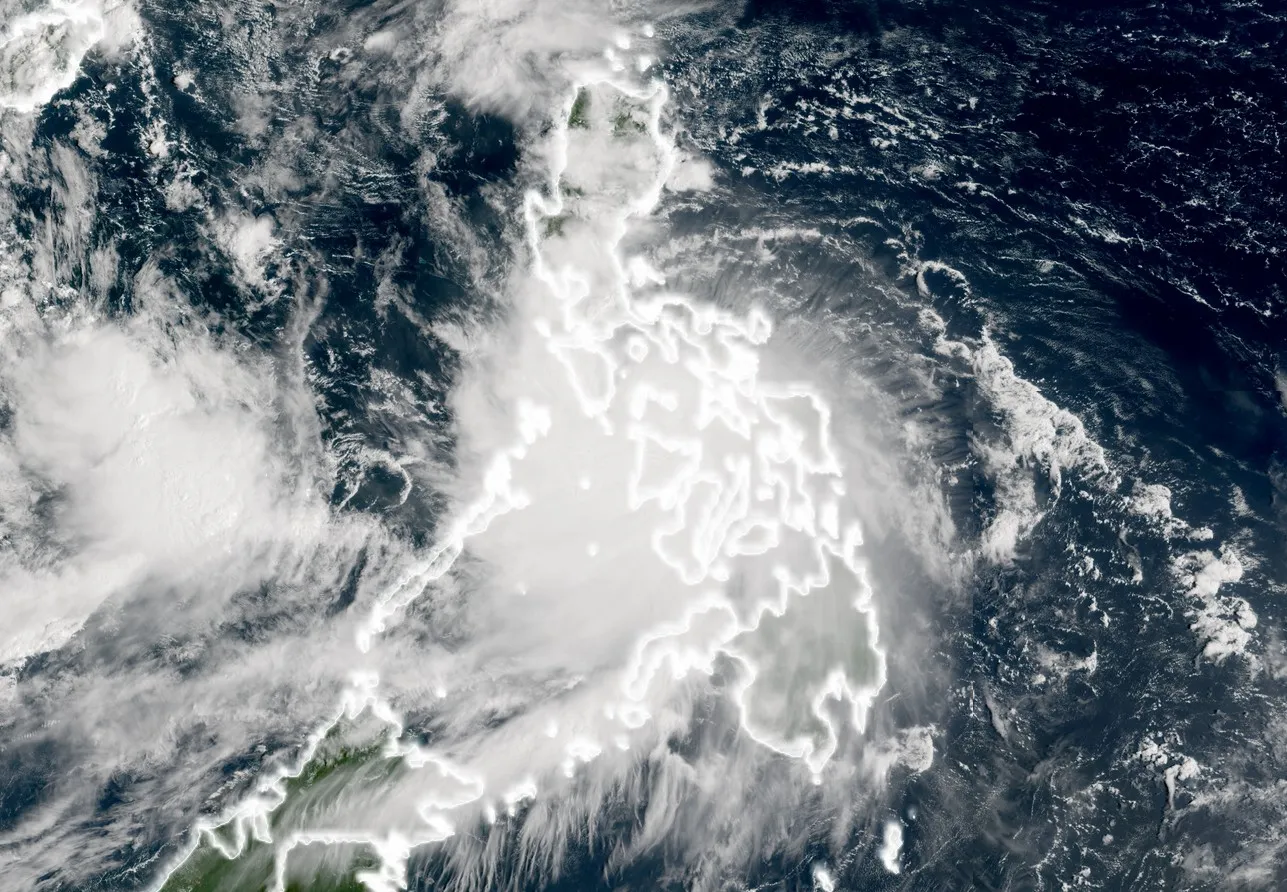 Satellite image of Severe Tropical Storm Bualoi over the Philippines.