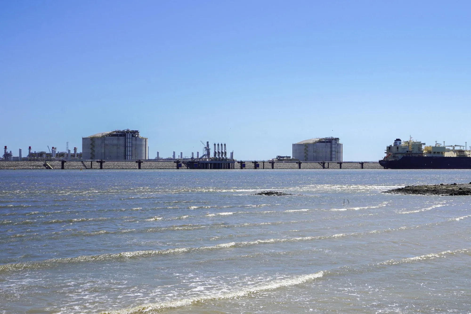 A liquefied natural gas carrier is seen at the Venture Global Calcasieu Pass LNG export terminal in Cameron, Louisiana.