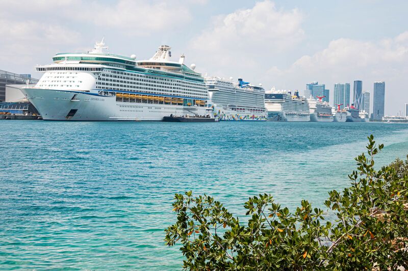 Florida, Port of Miami, Row of cruise ships docked, non-essential business due to Coronavirus