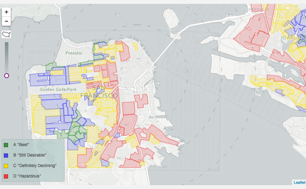 San Francisco's &quot;redlined&quot; neighborhoods, per the 1940 Home Owners' Loan Corporation (HOLC) maps.