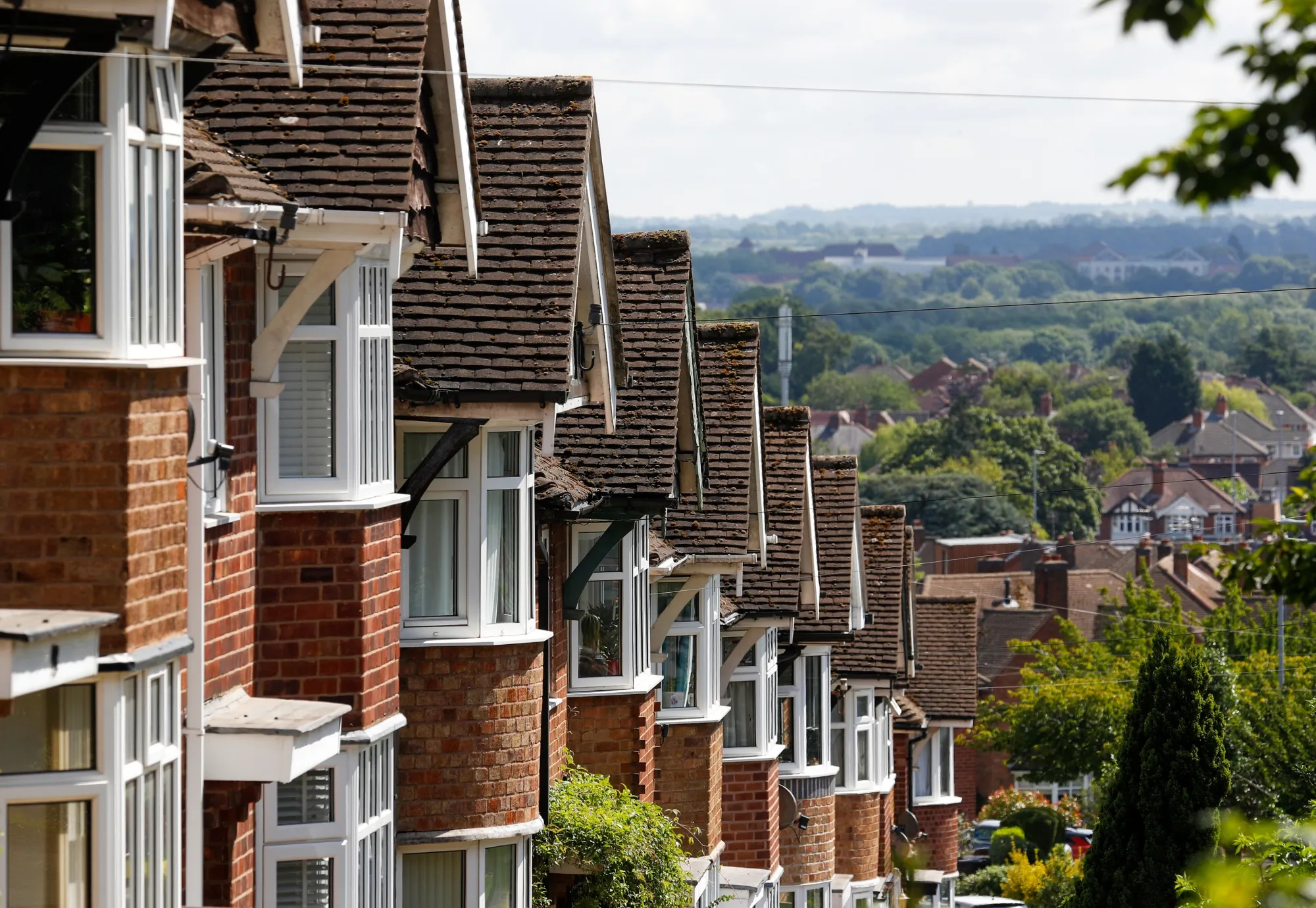 A terrace of homes on a hill in Birstall, U.K.