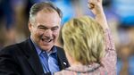 Senator Tim Kaine and Hillary Clinton, presumptive 2016 Democratic presidential nominee, celebrate at the end of her speech during a campaign event at Northern Virginia Community College in Annandale, Virginia, on July 14, 2016.
