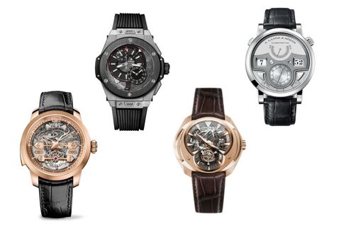 From left: Girard-Perregaux Minute Repeater Tourbillon with Gold Bridges, Hublot Big Bang Alarm Repeater, Franc Vila Inaccessible Tourbillon Minute Repeater, A. Lange & Söhne Zeitwerk Minute Repeater