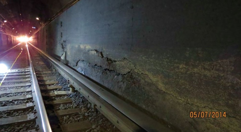 Cracks and corrosion from sea water salts line the Amtrak tunnel beneath the Hudson River.