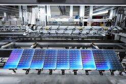 Solar cells at a solar panel manufacturing facility in the US.