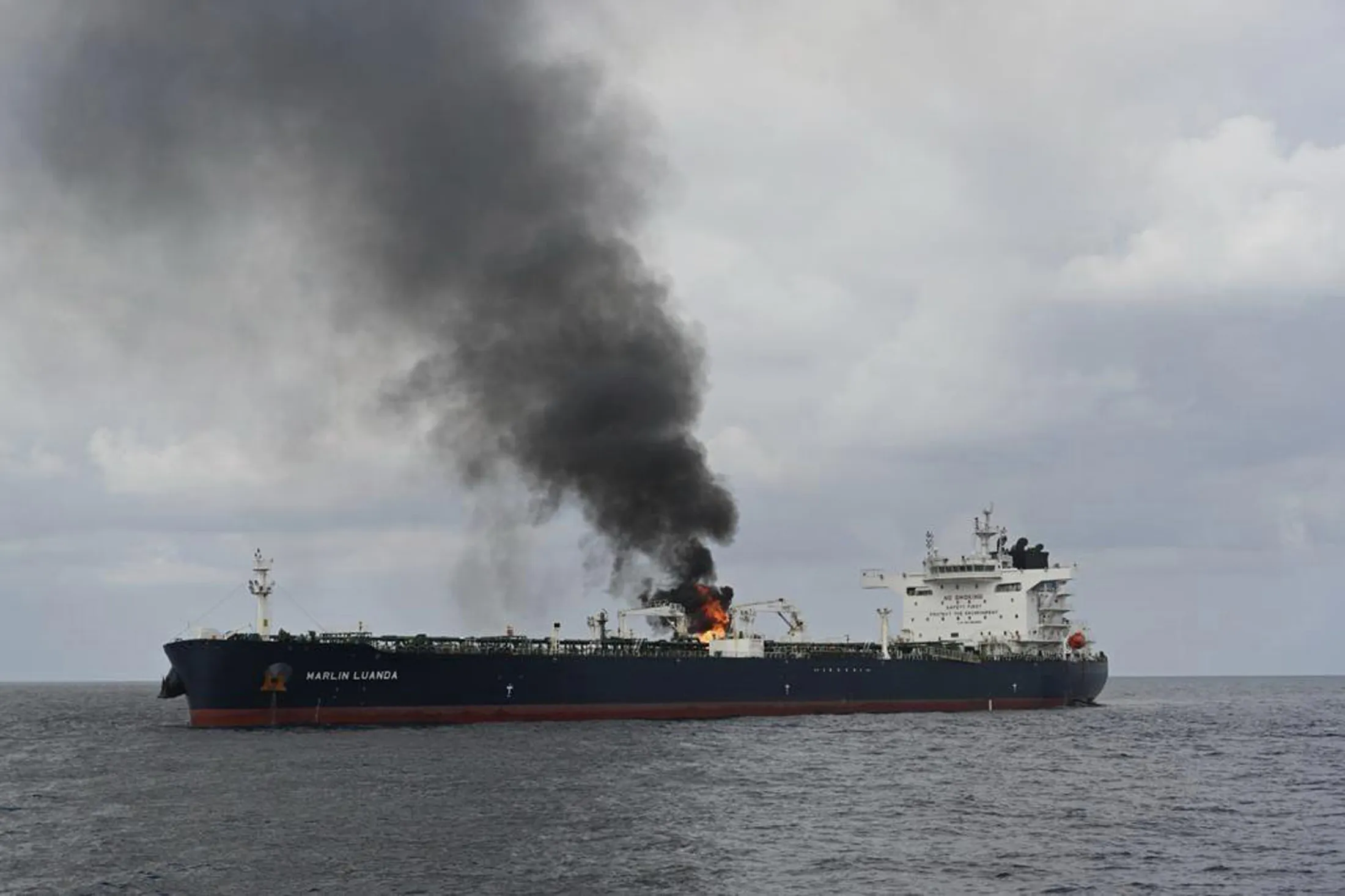 The oil tanker Marlin Luanda on fire after an attack in the Gulf of Aden.&nbsp;