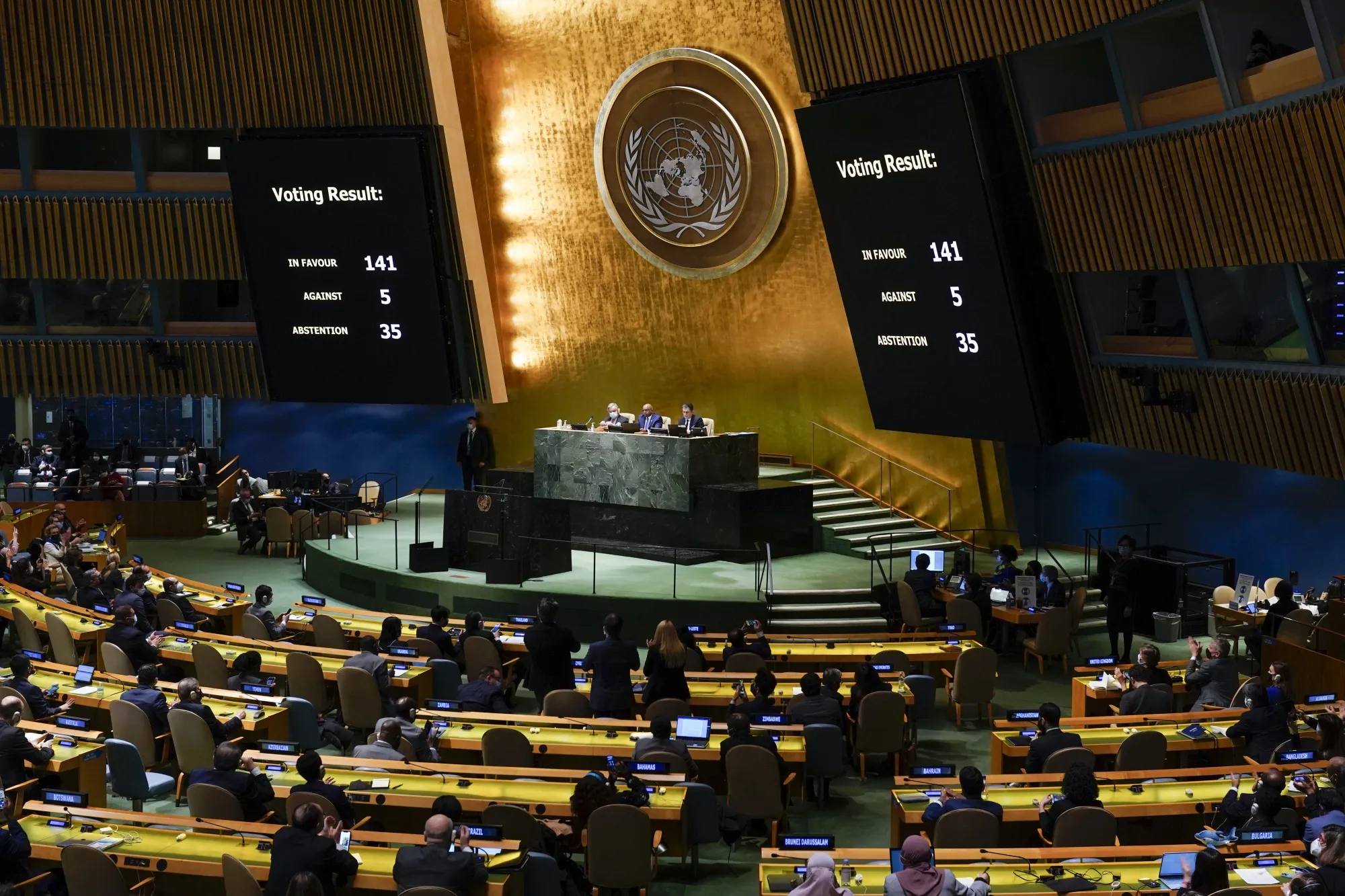 The results of a vote on a resolution&nbsp;condemning Russia’s invasion of Ukraine, at the&nbsp;UN General Assembly on March 2.