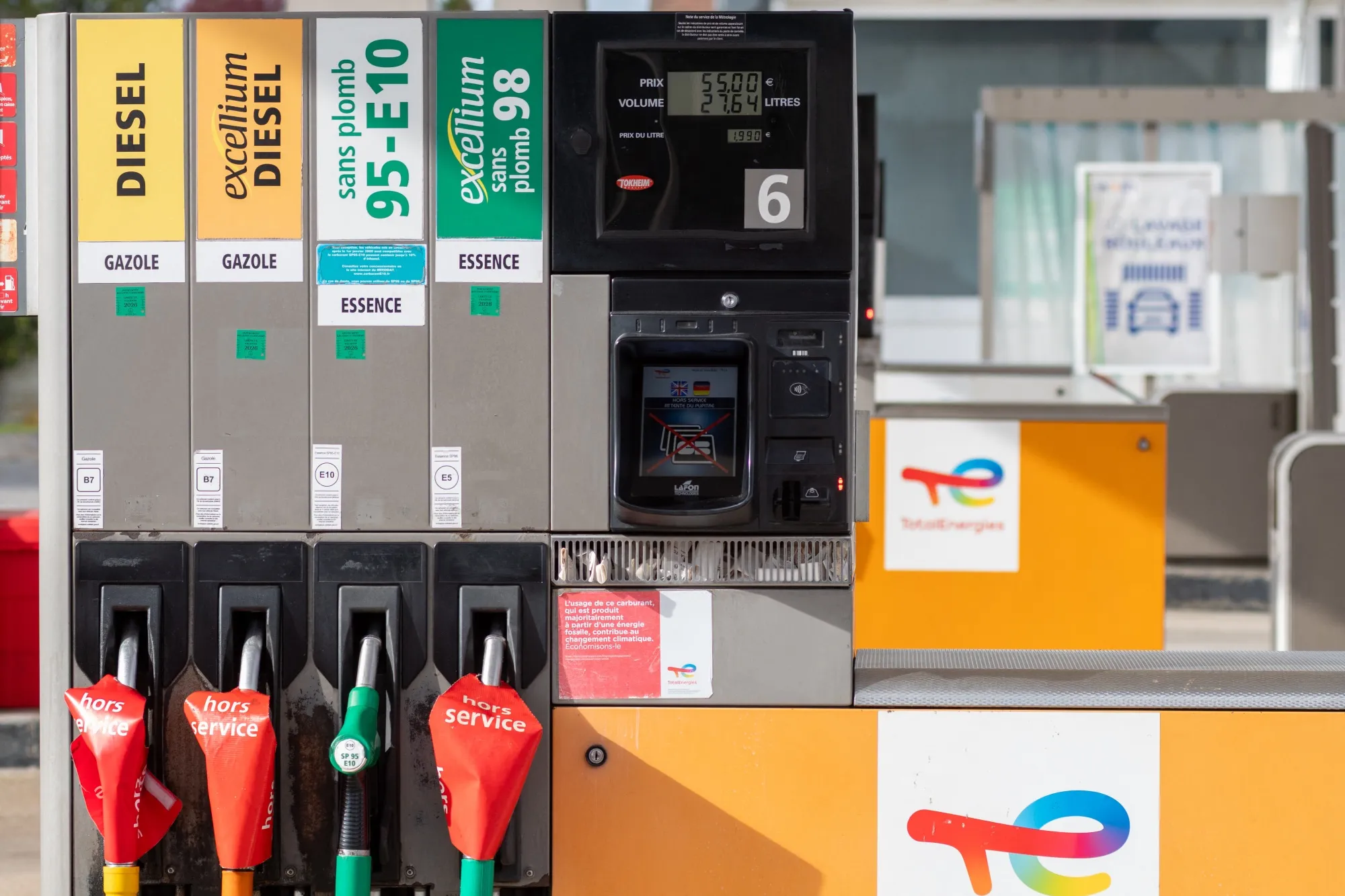 Fuel pumps marked as out of order at a gas station in Sainte-Savine, France, on March 31.