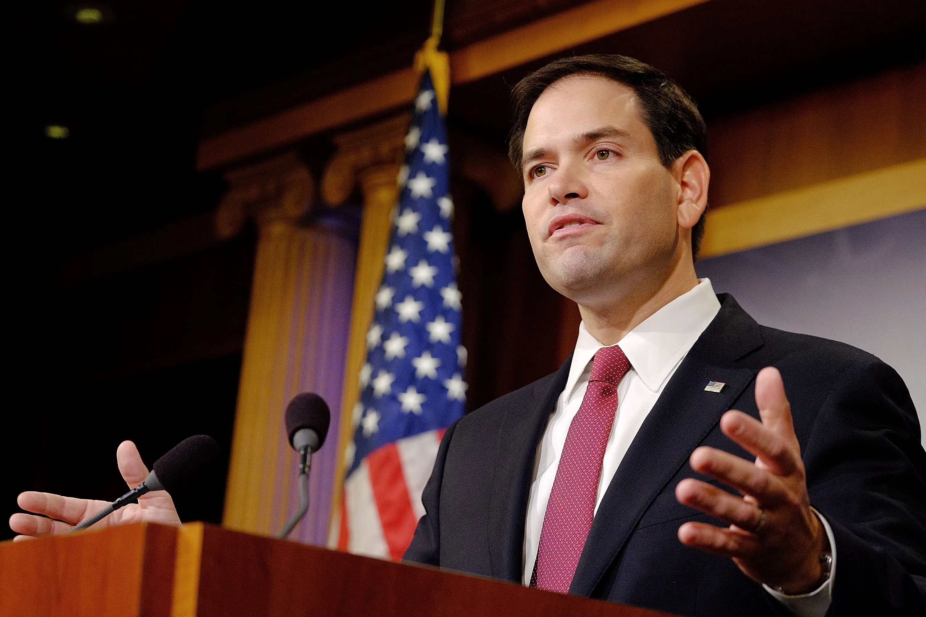Sen. Marco Rubio (R-FL) reacts to President Obama's annoucement about revising policies on U.S.-Cuba relations on December 17, 2014 in Washington, DC. Rubio called the president a bad negotiator and criticized what he claimed was a deal with no democratic advances for Cuba.

