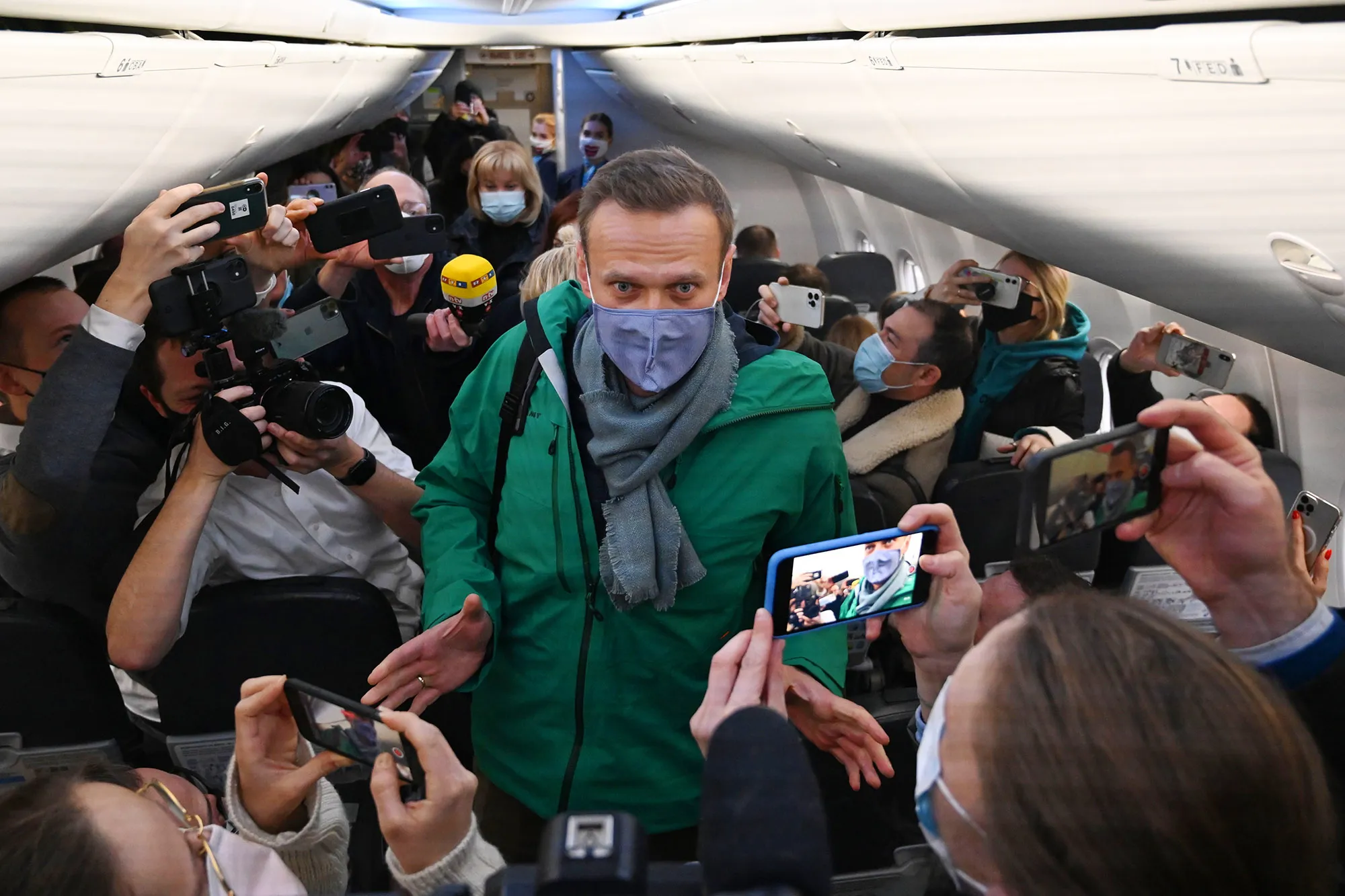 Alexey Navalny boards a flight from Berlin to Moscow on Jan. 17.