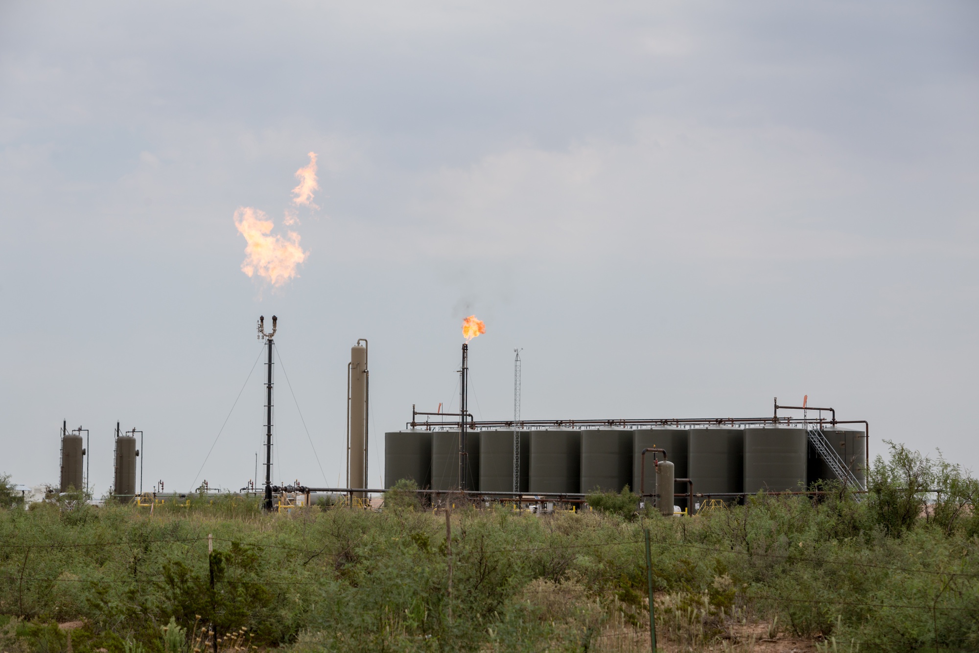 Methane gas is flared near Carlsbad, New Mexico, August 2019. 