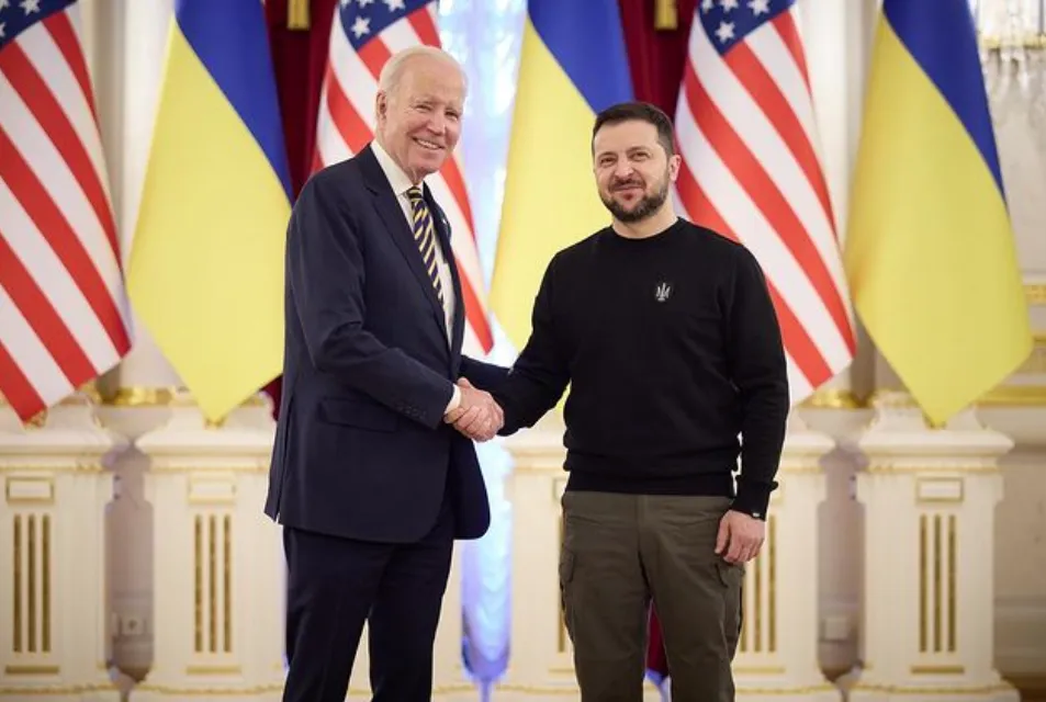 US President Joe Biden and President Volodymyr Zelenskiy in Kyiv on Monday.