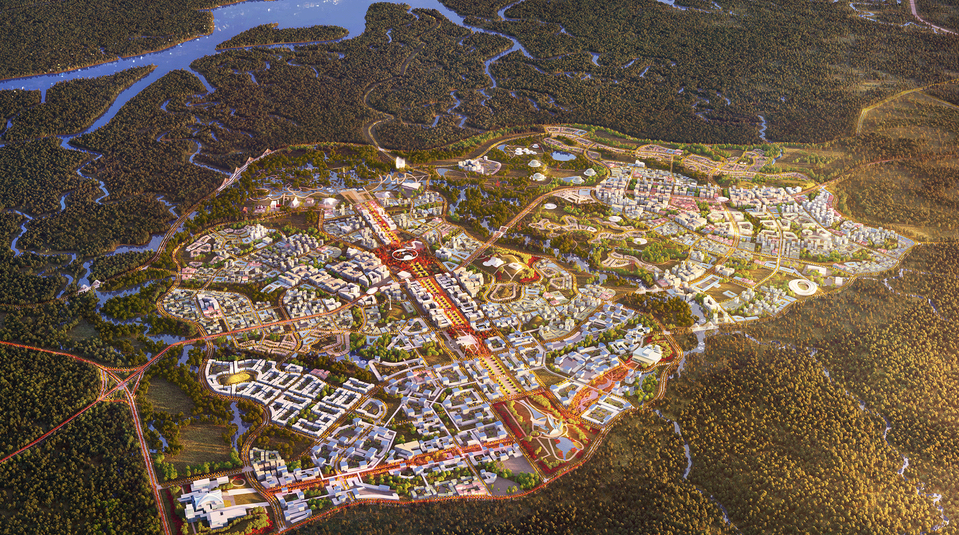 The Indonesian government’s rendering of the new capital and a 2022 satellite image of the location.