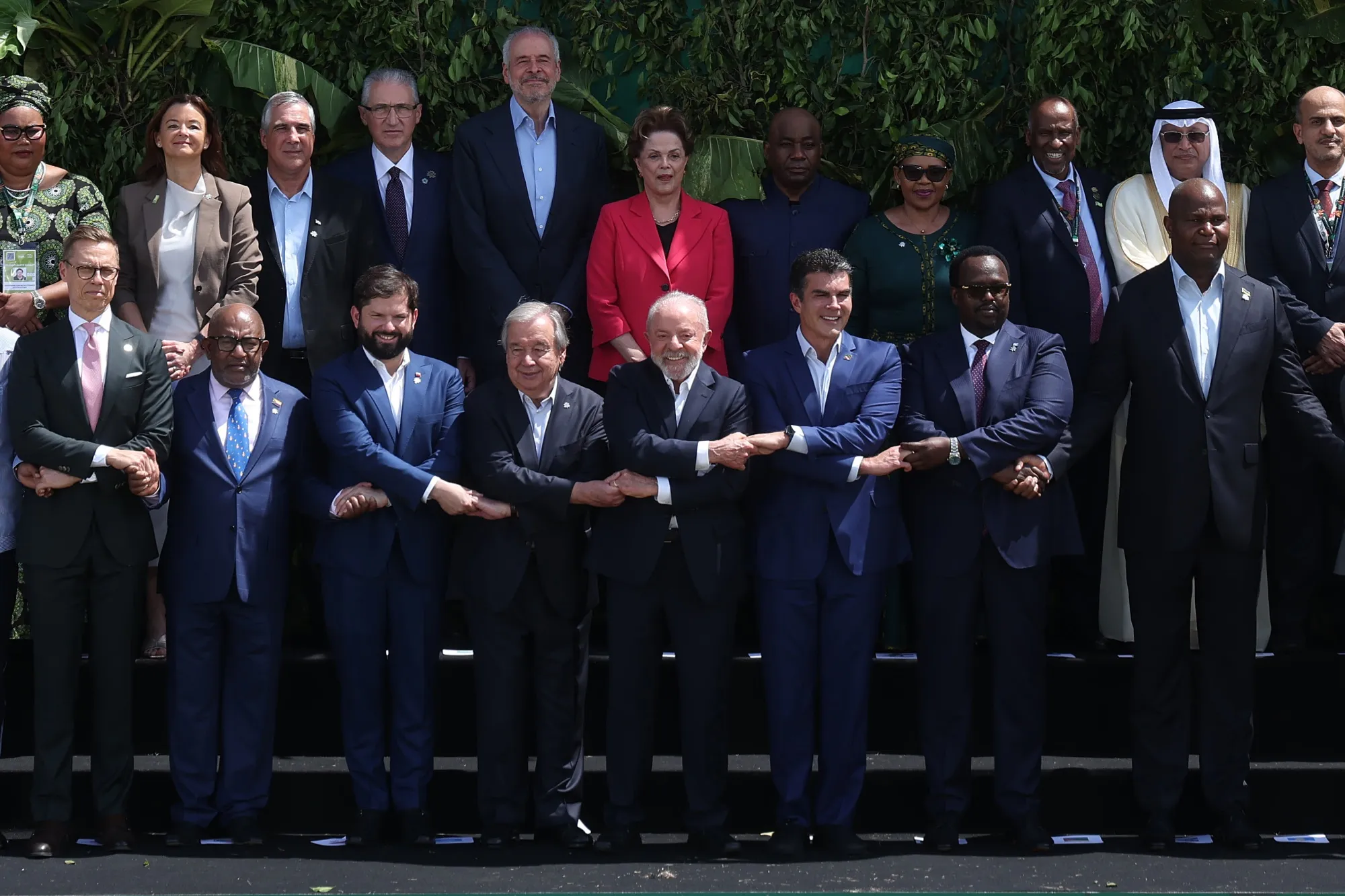 Brazil President Luiz Inacio Lula da Silva, at center, with other world leaders during&nbsp;the family photo on Friday in Belem, just before the start of the COP30 UN climate summit.