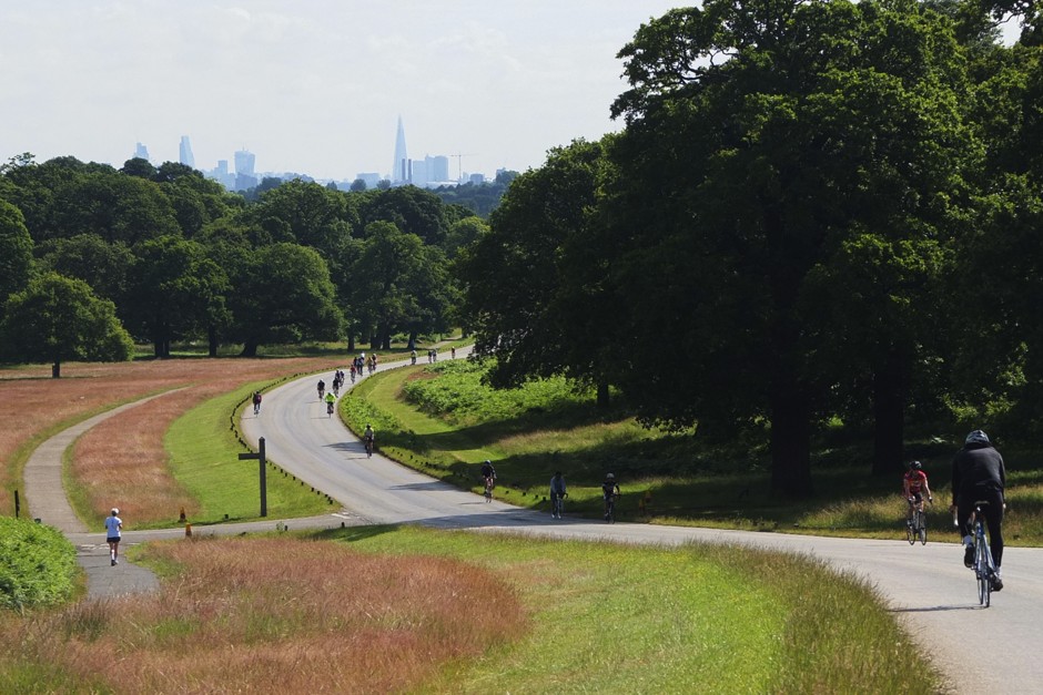 Cyclists and runners exercise along a path in Richmond Park, London.