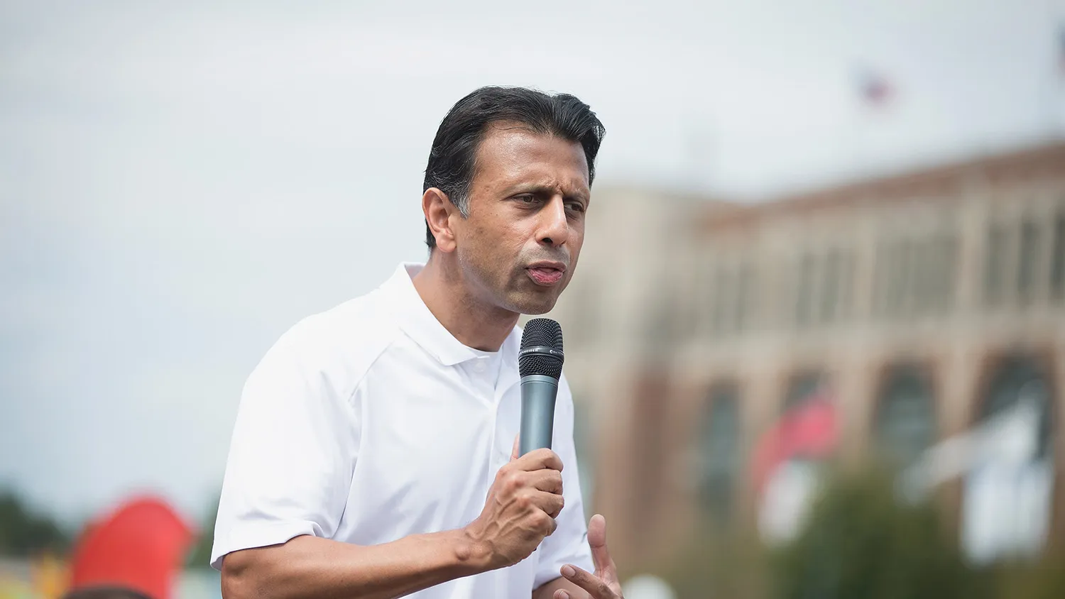 DES MOINES, IA - AUGUST 22: Republican presidential candidate Louisiana Governor Bobby Jindal speaks to visitors at the Iowa State Fair on August 22, 2015 in Des Moines, Iowa. Presidential candidates have a long tradition of making campaign stops at the fair.
