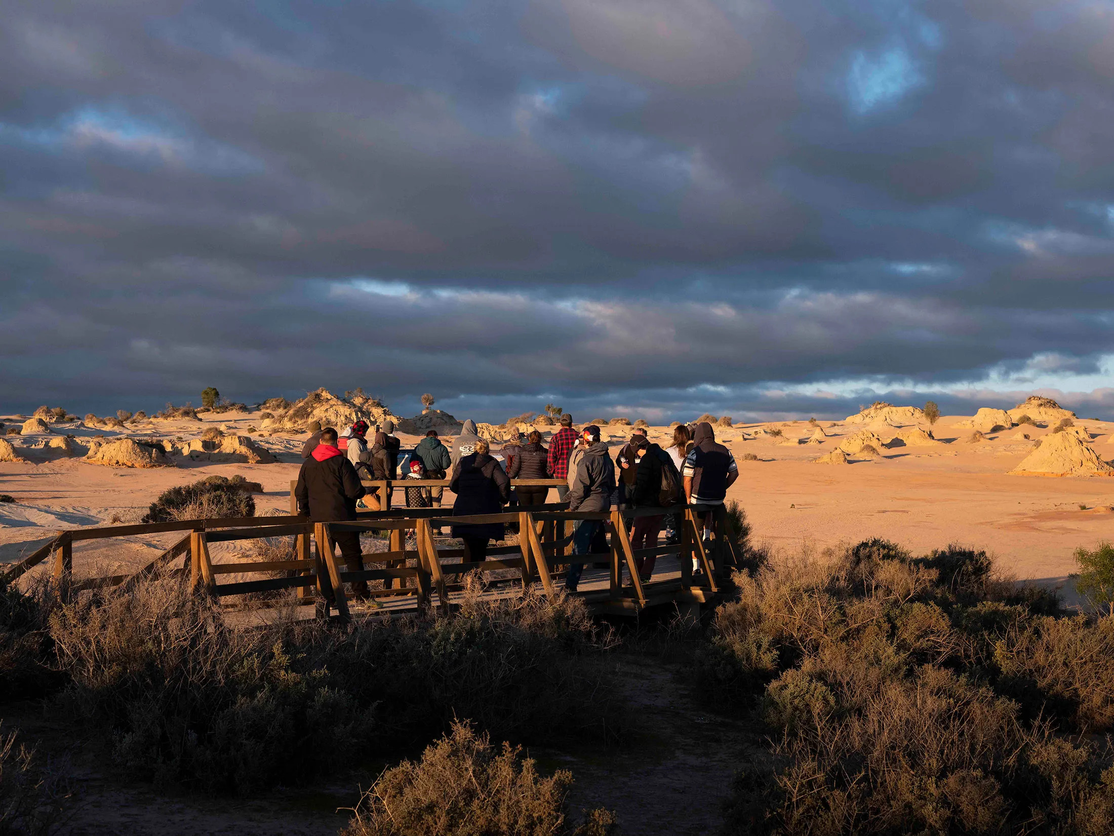 A guided tour at the Walls of China viewing platform in Mungo National Park in New South Wales, Australia, in July 2020.