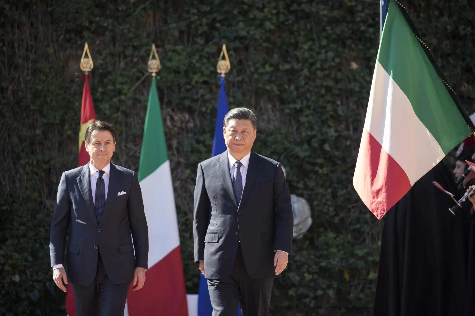 Xi Jinping, right, and Giuseppe Conte arrive for the signing of the memorandum of understanding on China’s Belt and Road Initiative in Rome, on March 23.
