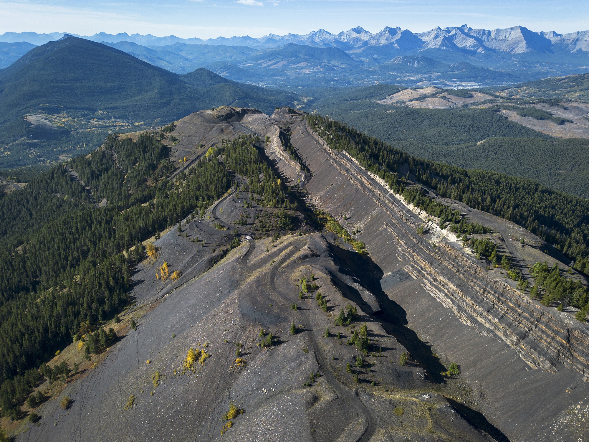 Exposed coal seams near the top of Grassy Mountain, where mining took place in Crowsnest Pass, Alberta. Photographer: Jennifer Gauthier/Bloomberg
