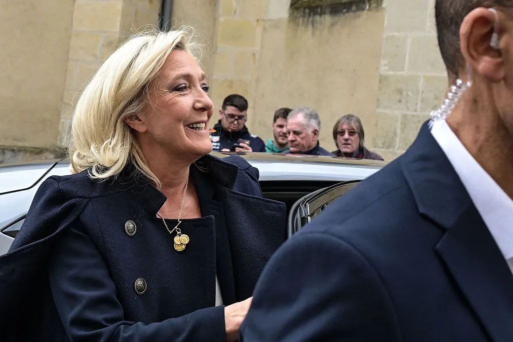 Marine Le Pen arrives for a campaign visit to suppport La Fleche's RN mayoral candidate Romain Lemoigne in La Fleche.