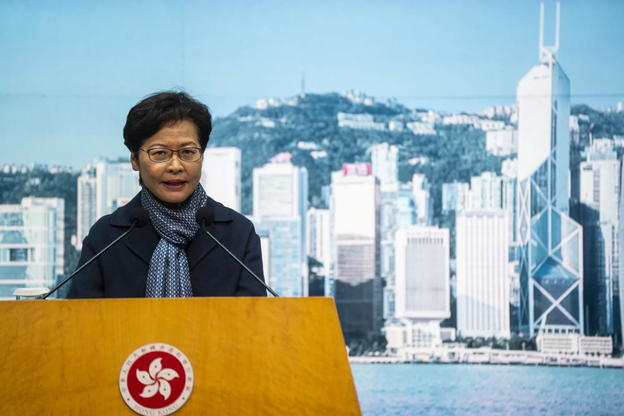 Carrie Lam during a news conference in Hong Kong, on Feb. 18.