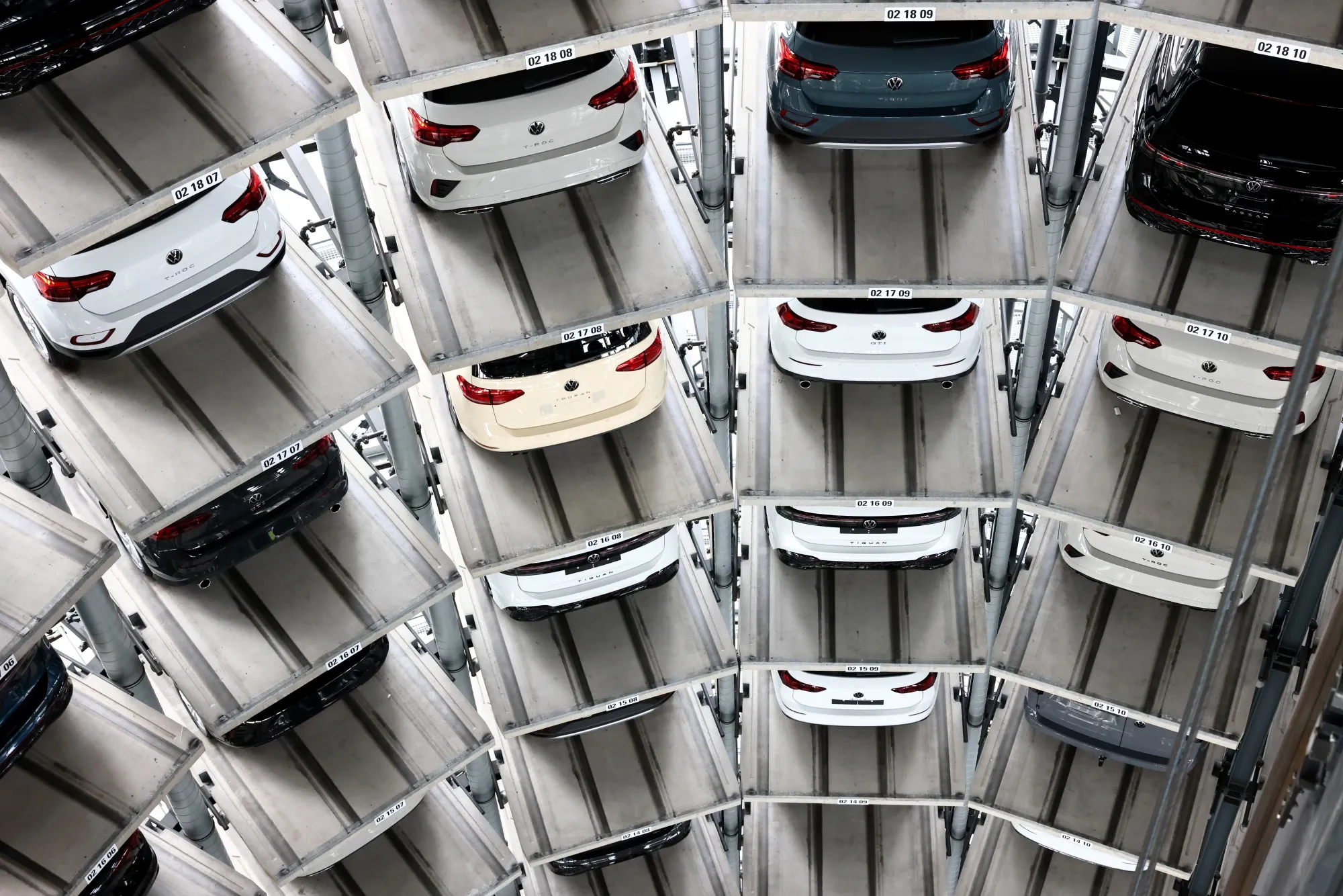 Newly manufactured vehicles at the Volkswagen headquarters in Wolfsburg, Germany.