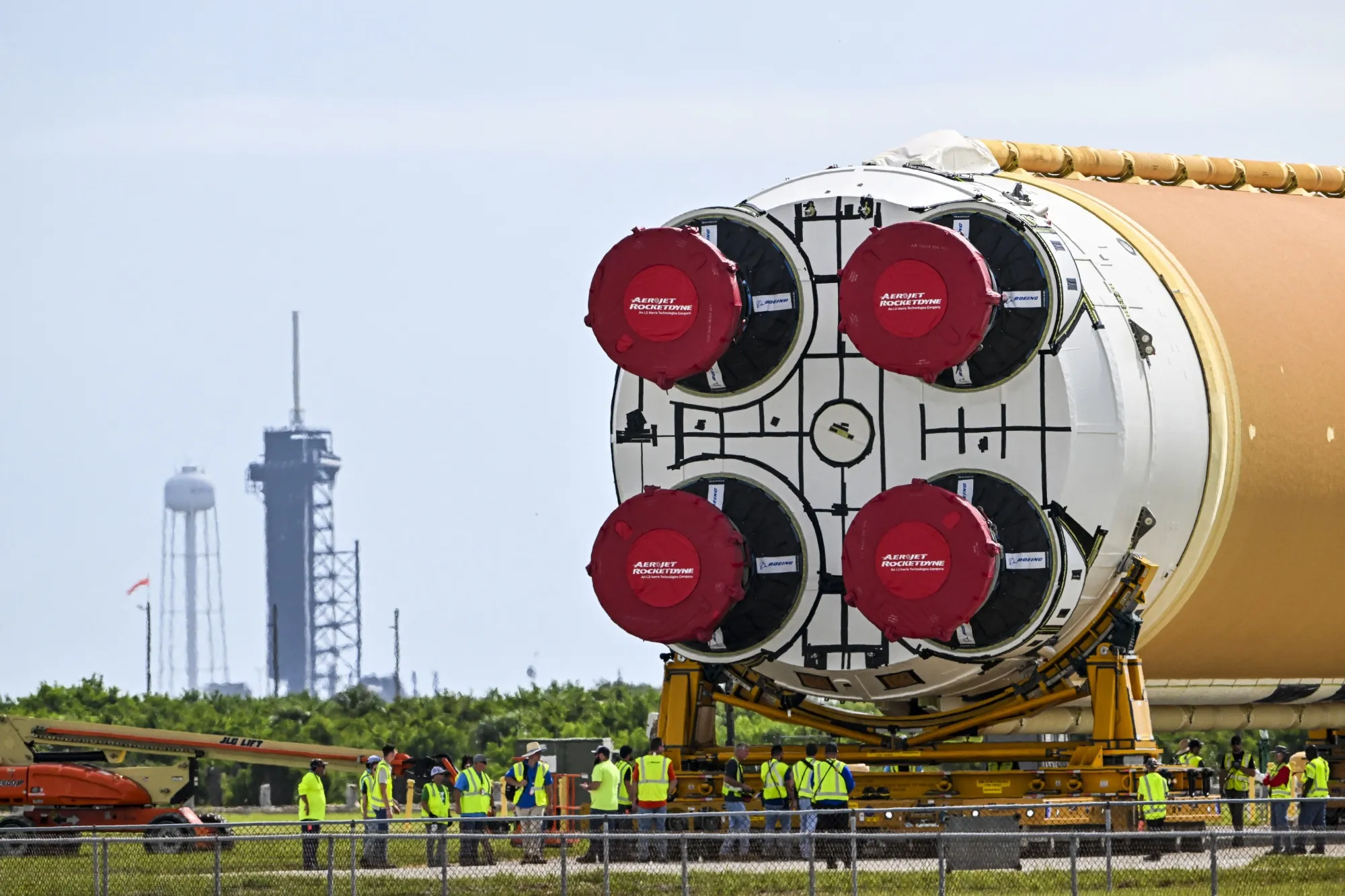 The Artemis II rocket core stage is transported to the Vehicle Assembly Building at Kennedy Space Center in Florida, on July 24.